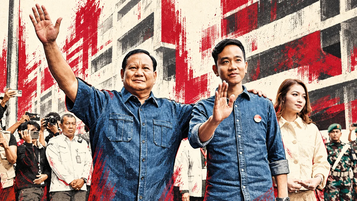Ilustrasi Prabowo Subianto dan Gibran Rakabuming Raka melambaikan tangan untuk artikel dua tahun pemerintahan mereka.