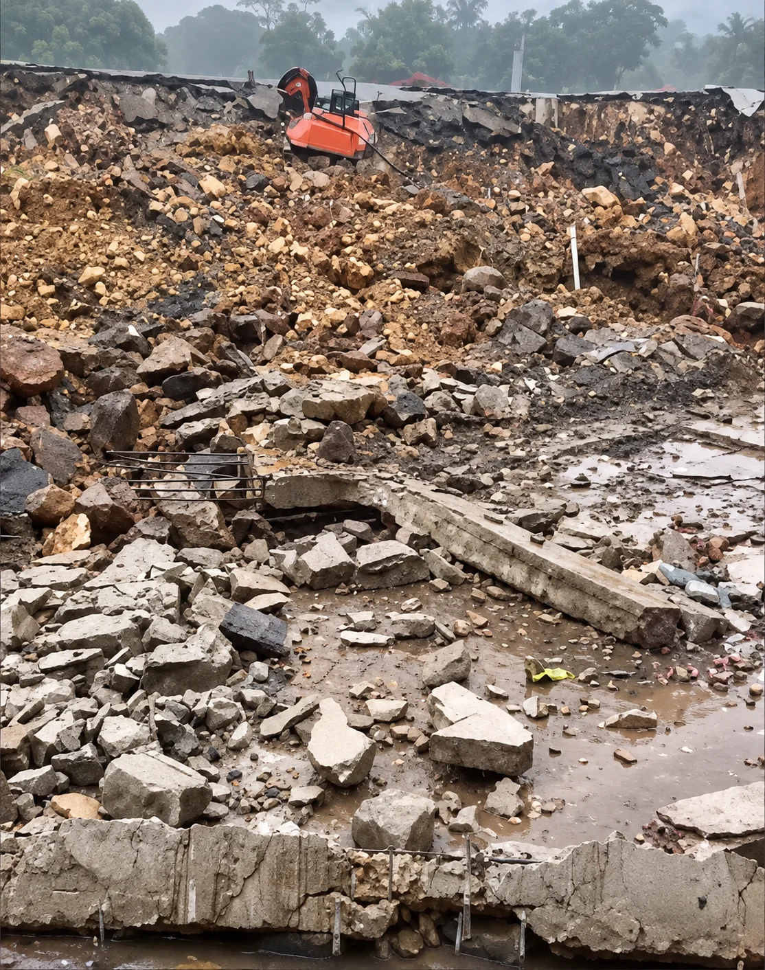 Kondisi tembok pembatas proyek yang roboh dan mengenai kawasan Perumahan Synergy Residence di Desa Jatisari, Kecamatan Cileungsi