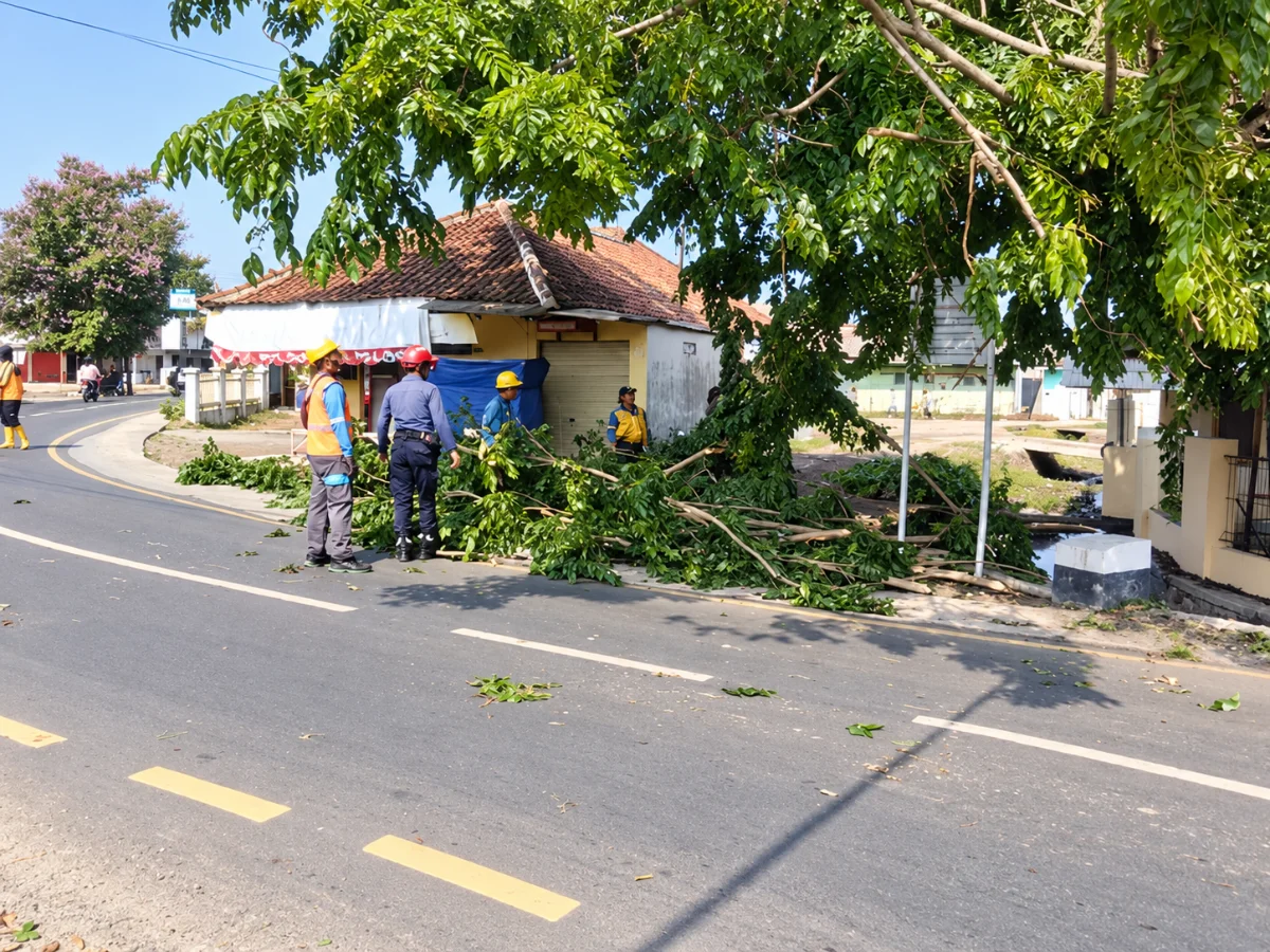 Petugas Damkar Kabupaten Bogor mengevakuasi pohon tumbang yang menghalangi jalan