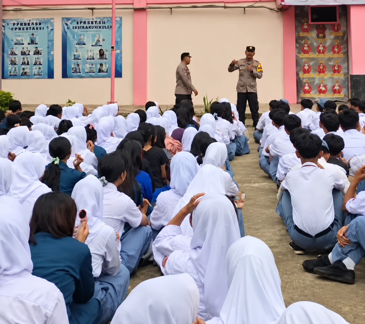 Petugas Polsek Gunung Putri memberikan edukasi dan pembinaan kepada pelajar SMK Bina Bangsa Mandiri di Desa Cikeas Udik