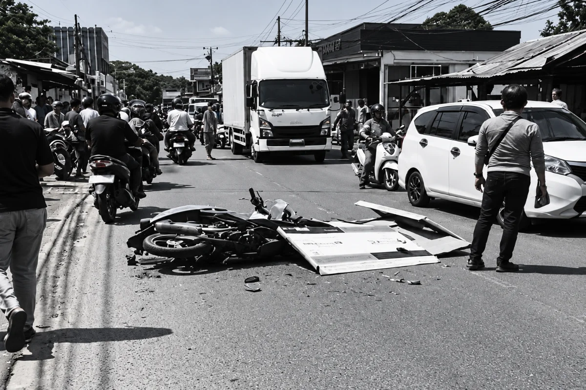 Kecelakaan lalu lintas sepeda motor dan truk di depan Gang Masjid Cikuda, Desa Wanaherang, Kecamatan Gunung Putri